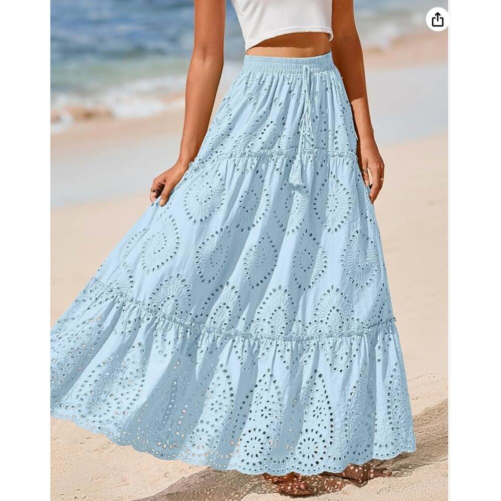 NWT BTFBM Long Skirts  Boho Lace Embroidery High Waist  Tiered Spring Maxi Sz M
